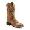 BSC1958 Old West Girl's Square Toe Leather Western Boot Brown with Embroidery