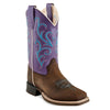 BSY1907 Old West Girl's Square Toe Leather Western Boot Brown with Purple Top