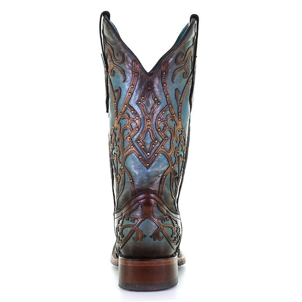 C3768 Corral Women's Brown with Turquoise Overlay Square Toe Western Boots