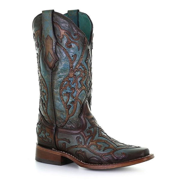 C3768 Corral Women's Brown with Turquoise Overlay Square Toe Western Boots
