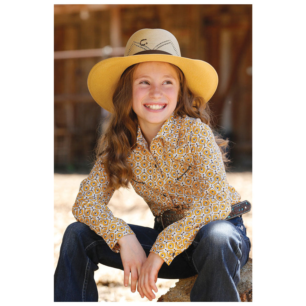 CTW3370008 Cruel Girl Girls' Yellow and Black Print Long Sleeve Western Snap Shirt