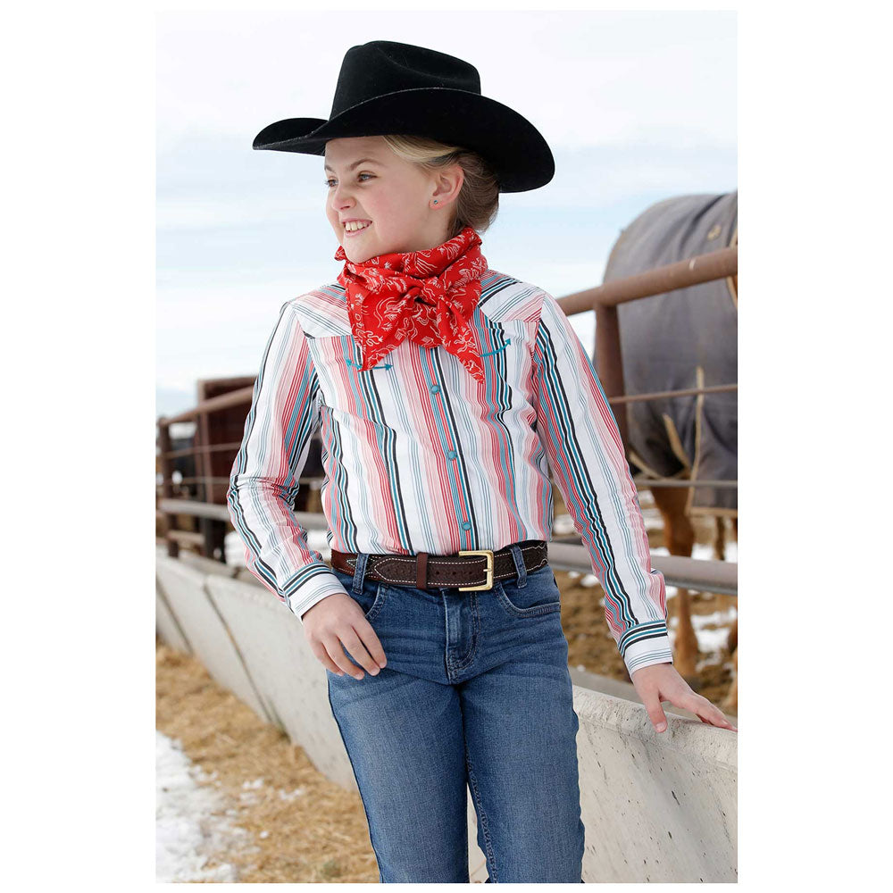 CTW3370010 Cruel Girl Girls' Stripe Turquoise Smiley Embroidery Long Sleeve Snap Shirt