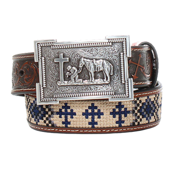 D120002402 3D Childrens Aztec Embroidery with Navy and Square Belt Buckle Western Brown Belt