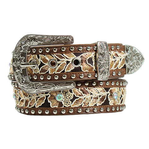D140003202 Angel Ranch Women's Floral Stitch with Crystals and Studs Leather Belt