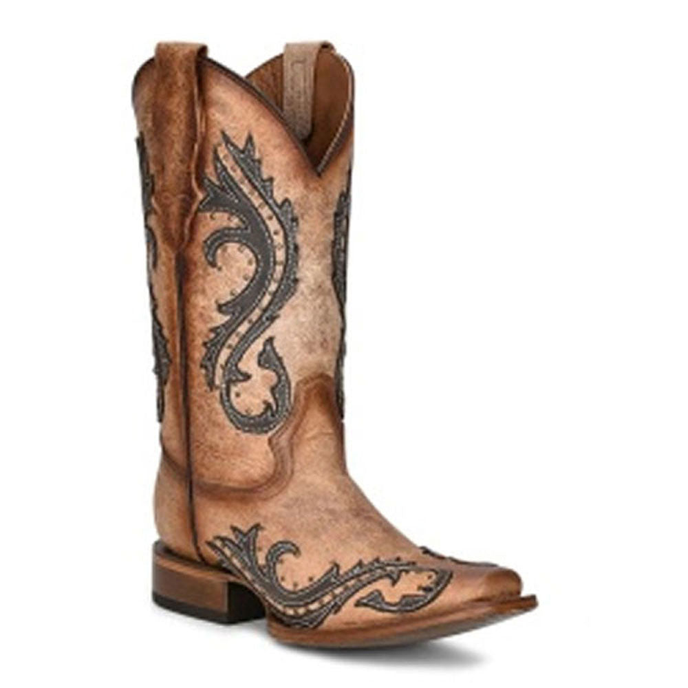 L2052 Circle G by Corral Ladies Brown Studs w/ Black Overlay Square Toe Cowboy Boot