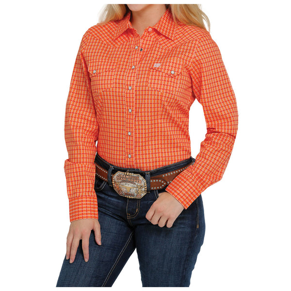 MSW9201033 Cinch Women's Snap Long Sleeve Snap Shirt- Orange and Red Print