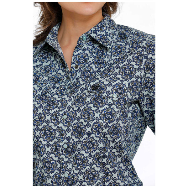 MSW9201037 Cinch Women's Long Sleeve Snap Shirt - Light Blue and Navy Print