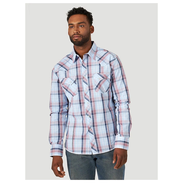 MVG346M Wrangler Men's Fashion Blue and Red Plaid Snap Long Sleeve Western Shirt