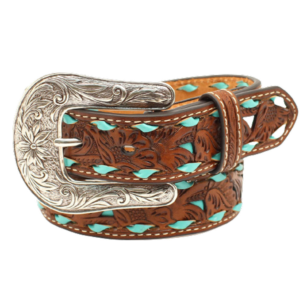 N4439608 Nocona Floral Pierced Turquoise Underlay Girls Belt