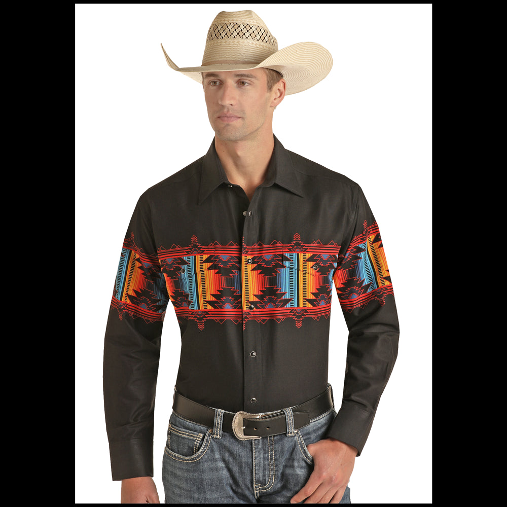 PHMSOSR0MW Panhandle Men's Long Sleeve Aztec Border Print Snap Shirt