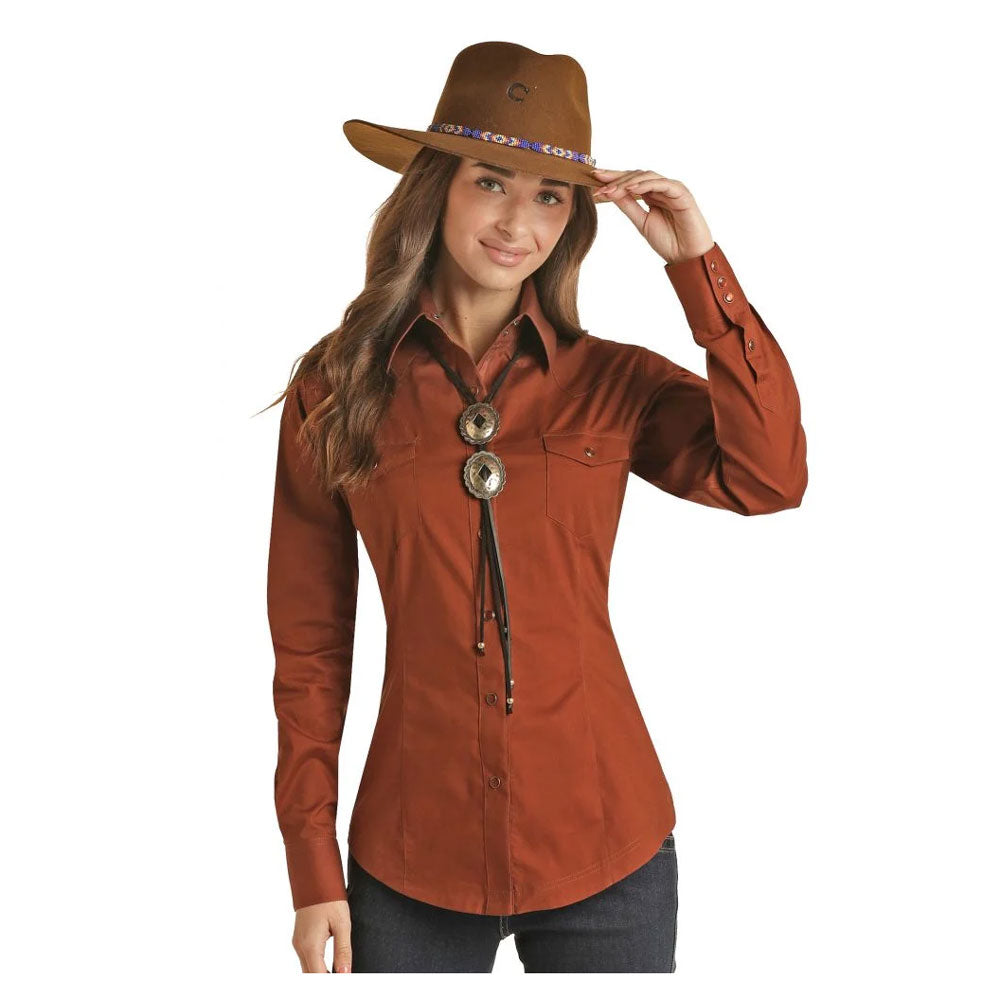 PSWSOSR07S-R Panhandle Women's Stretch Poplin Long Sleeve Western Snap Shirt - Solid Rusty