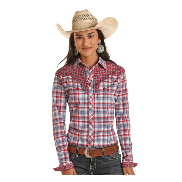 R4S9025 Panhandle Women's Red Ombre Plaid Long Sleeve Western Shirt
