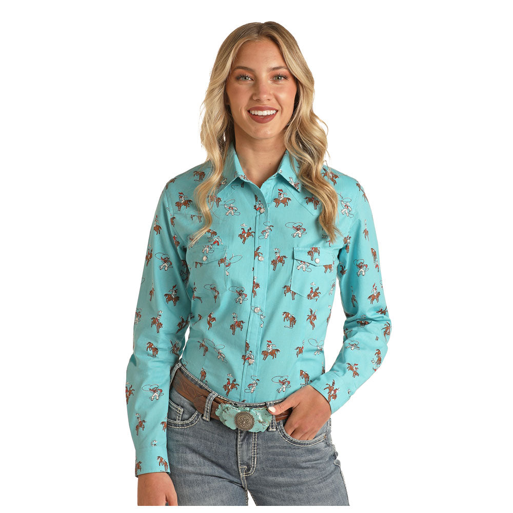 RLWSOSR13L Panhandle Junior's Long Sleeve Snap Shirt- Aquamarine Rodeo Print