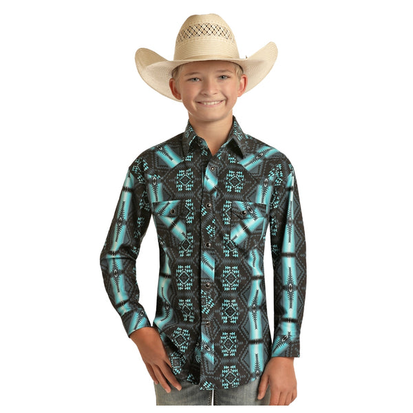 RRBSOSR0Q1 Rock & Roll Boys Long Sleeve Snap Shirt - Black & Turquoise Aztec