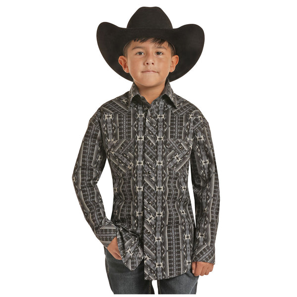 RRBSOSRZ0J Rock & Roll Boy's Dale Brisby Aztec Poplin Print Long Sleeve Western Snap Shirt