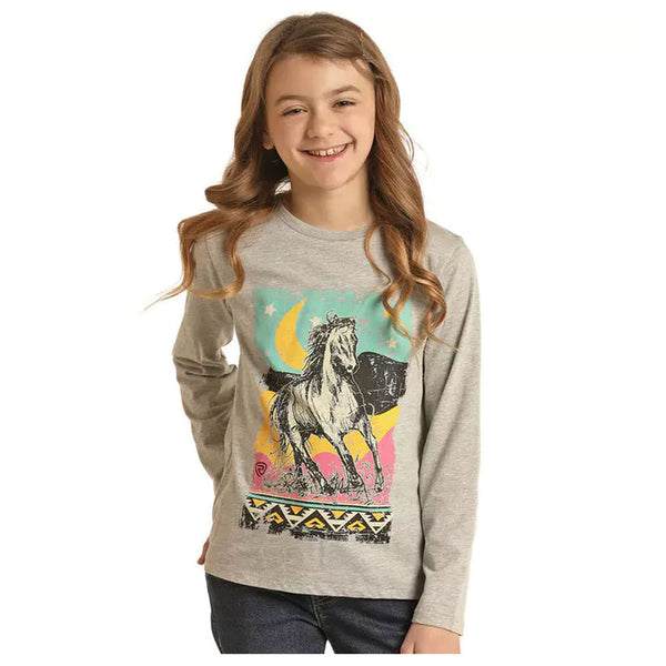 RRGT22R0IB Rock & Roll Cowgirl Long Sleeve Horse Graphic Tee - Grey