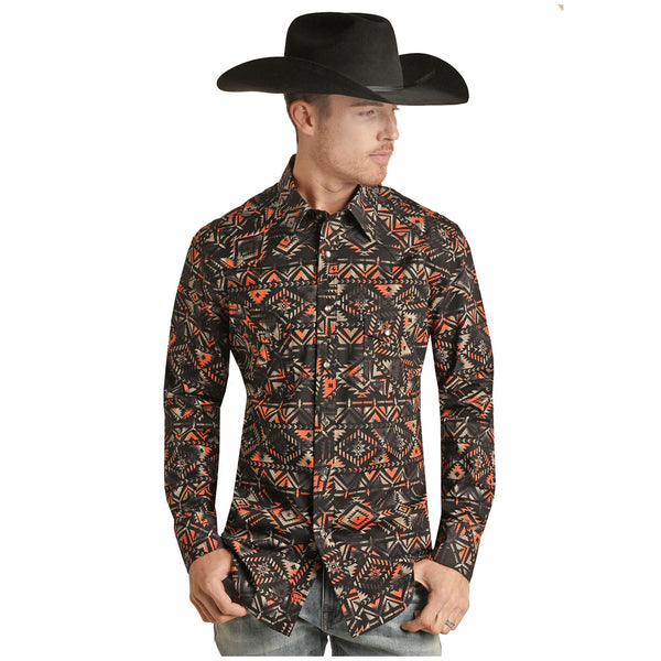 RRMSOSR08S Rock & Roll Men's Long Sleeve Aztec Print Western Snap Shirt