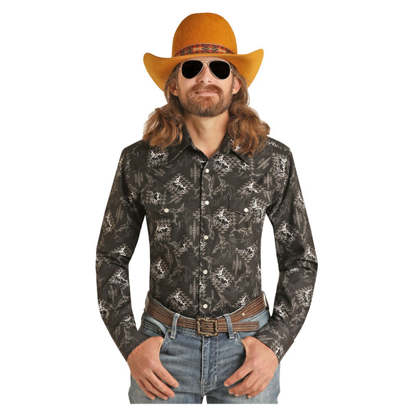 RRMSOSR091 Rock & Roll Denim Men's Black Bucking Bull Long Sleeve Western Snap Shirt