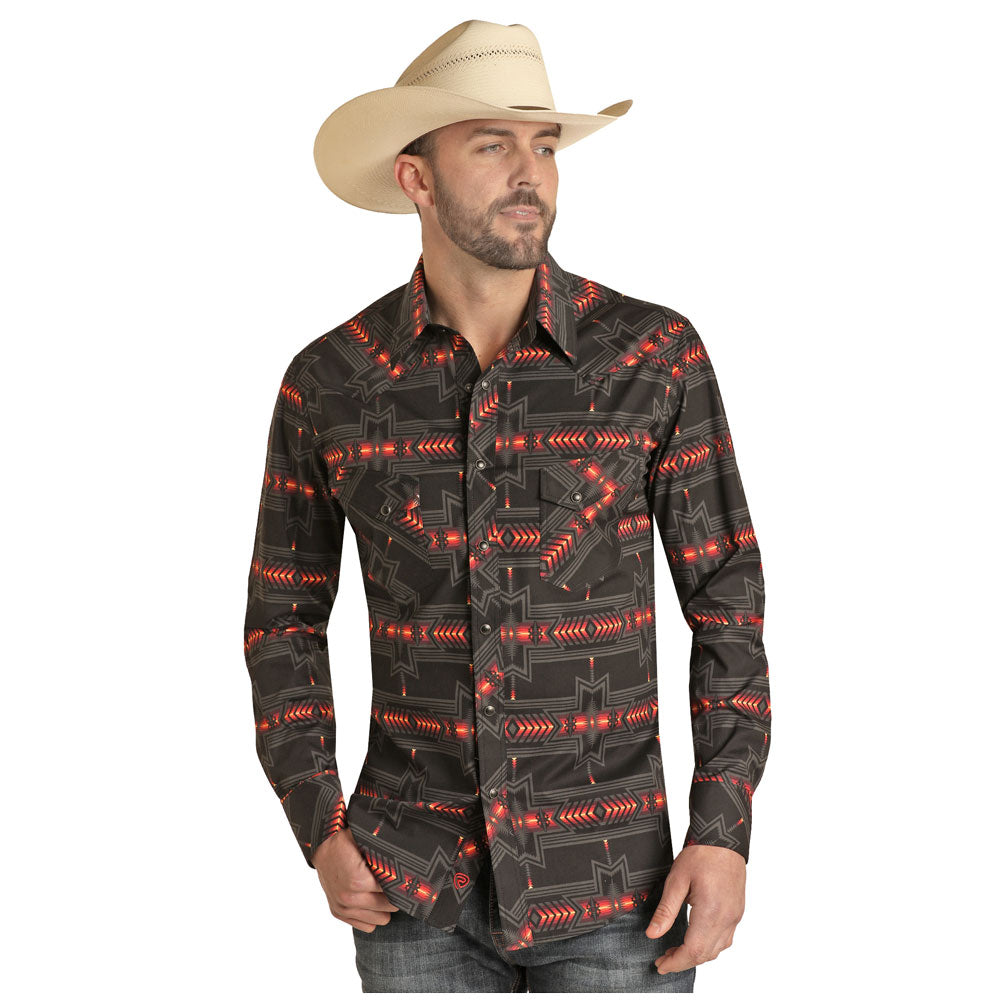 RRMSOSR0Q5 Rock & Roll Denim Mens' Long Sleeve Snap Shirt- Black & Orange Aztec Print