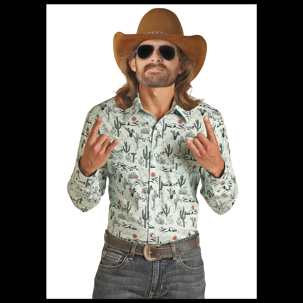 RRMSOSR0Q7 Rock & Roll Denim Dale Brisby Men's Long Sleeve Snap Shirt- Mint Cactus Print
