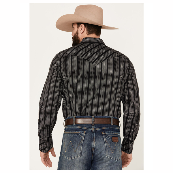 RRMSOSR0QG Rock & Roll Denim Men's Long Sleeve Geo Stripe Snap Shirt- Black & Grey