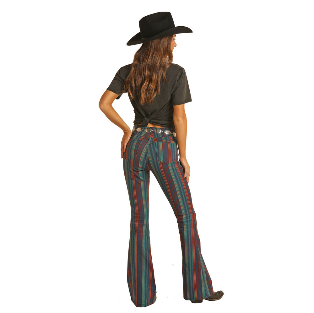 RRWD6PR0GD Rock & Roll Cowgirl Pull On Bargain Bell Flares - Evergreen Burgundy Stripe