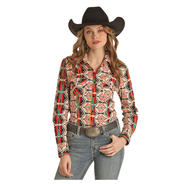 RRWSOSRZ0Z Rock & Roll Cowgirl Geo Stripe Western Snap Shirt - Natural