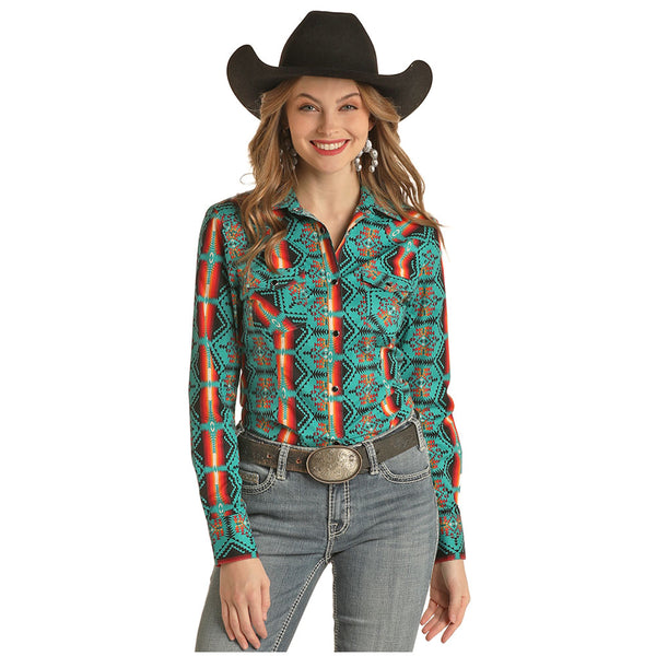 RRWSOSRZ15 Rock & Roll Cowgirl Women's Long Sleeve Aztec Print Western Snap Shirt-Teal