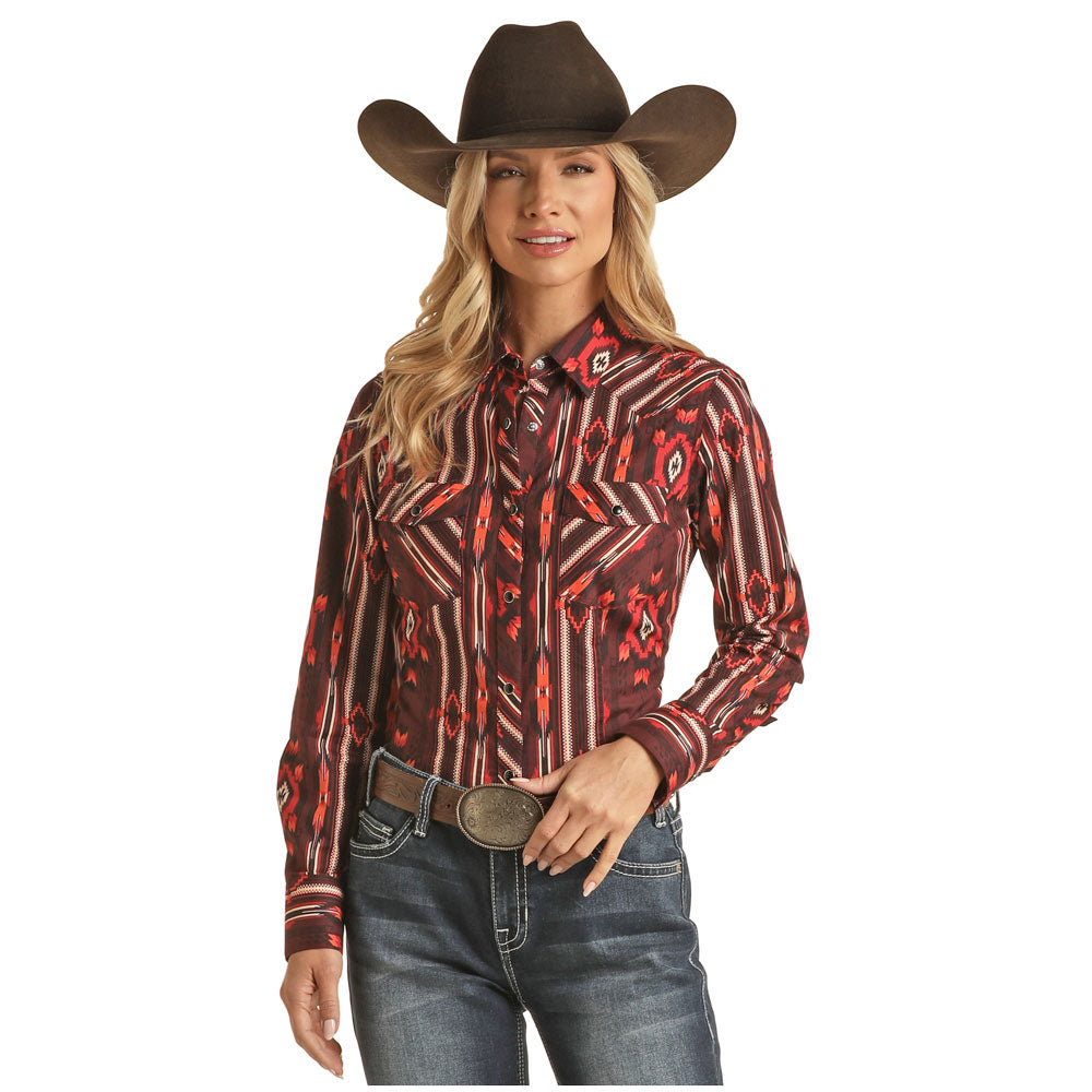 RRWSOSRZ1K Rock & Roll Cowgirl Women's Long Sleeve Aztec Print Western Snap Shirt- Burgandy