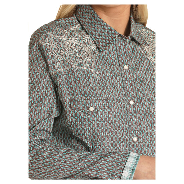 RSWSOSR0NC Panhandle Rough Stock Ladies Embroidered Retro Snap Shirt - Chocolate and Turquoise