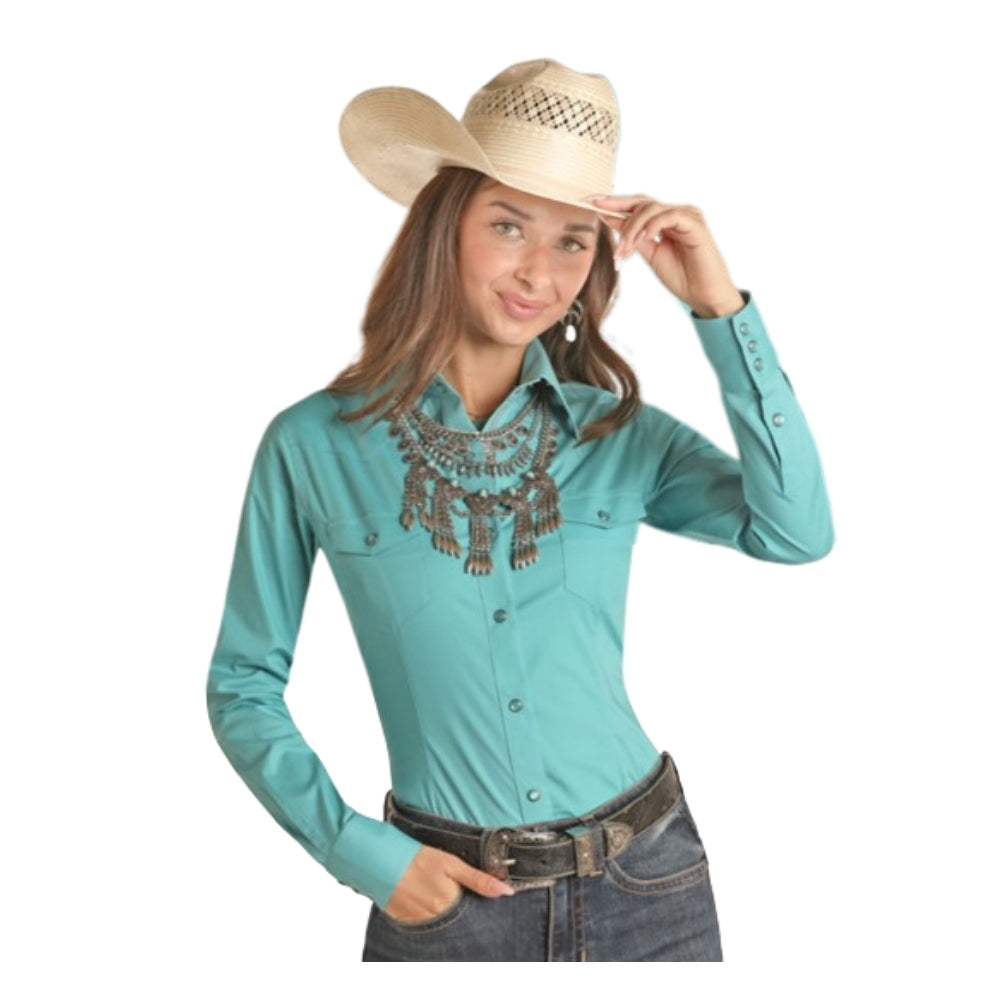 PSWSOSR0LTT Panhandle Ladies Solid Long Sleeve Snap Shirt - Turquoise