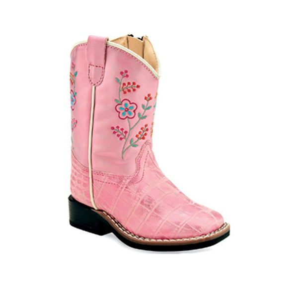 VB1078 Old West Toddler Pink Croc Print and Embroidered Cowboy Boots with Zipper