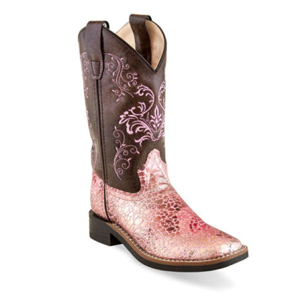 VB9154 Old West Girls' Pink/Brown Fancy Stitch Western Cowboy Boot