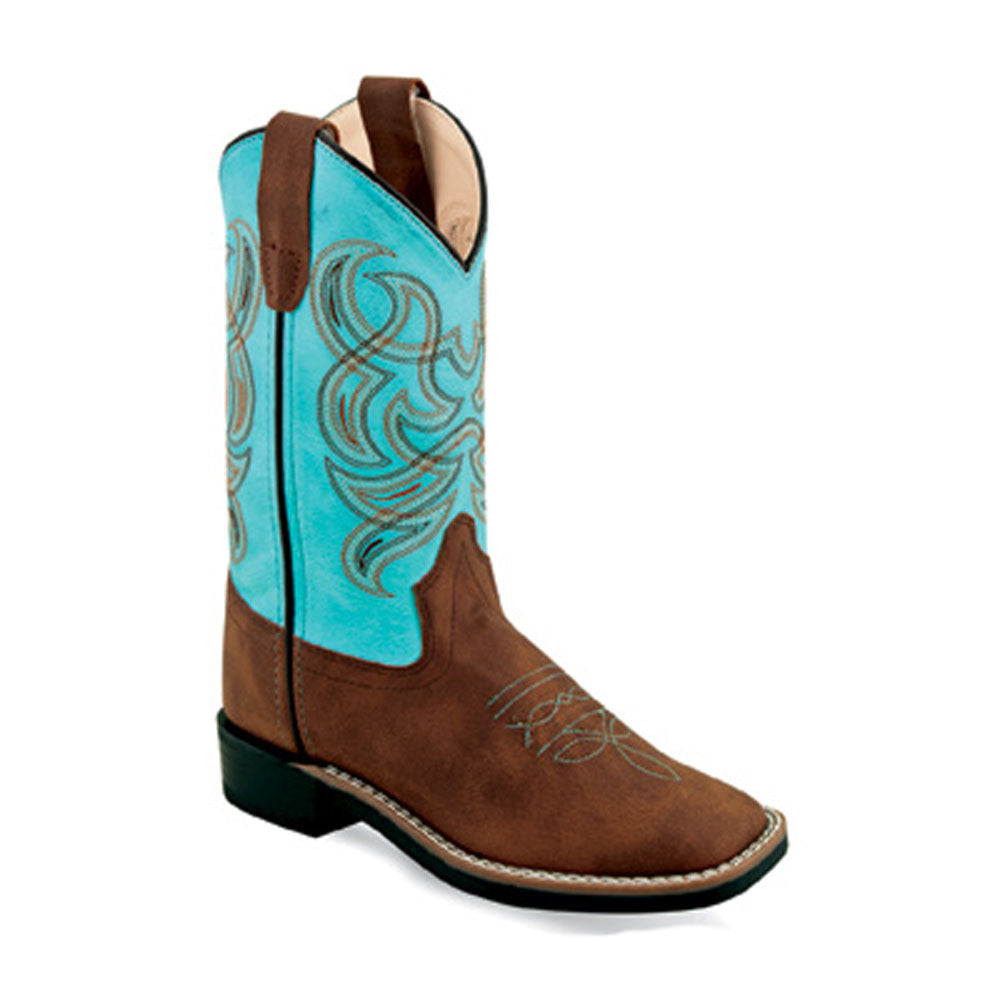 VB9167 Old West Children's Teal and Brown Square Toe Cowboy Boots