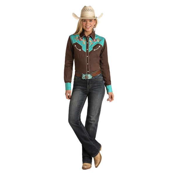 WLWSOSR0U0 Panhandle Ladies Embroidered Retro Snap Shirt - Chocolate and Turquoise