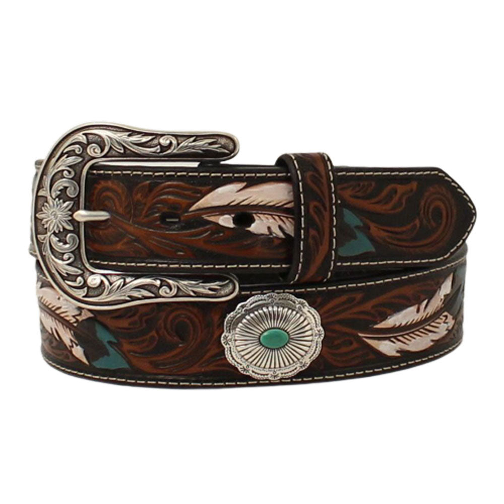A1533602 Ariat Women's Brown Tooled Leather Belt w/Feathers & Silver Turquoise Conchos