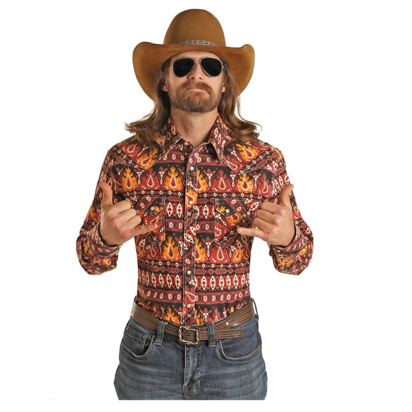 B2S7090 Rock & Roll Denim Men's Dale Brisby Aztec Print Long Sleeve Western Snap Shirt