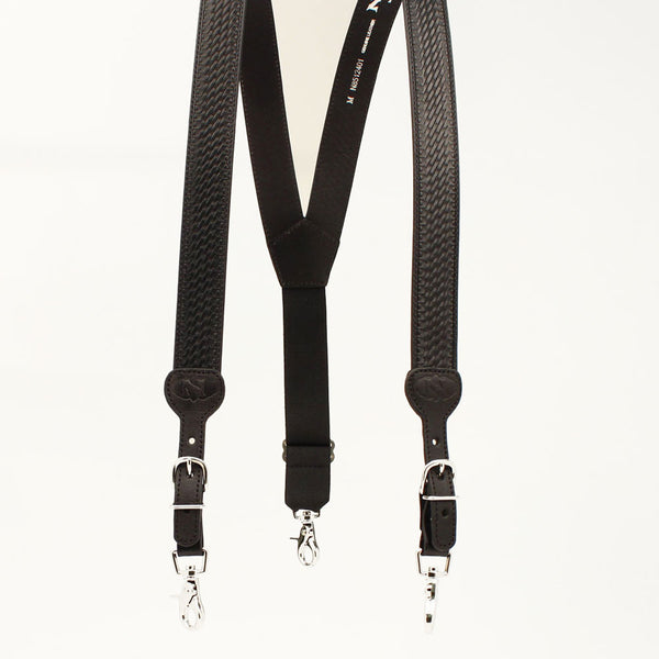 N8512401 Nocona Gallus Black Leather Suspenders with Basketweave Tooling - Black