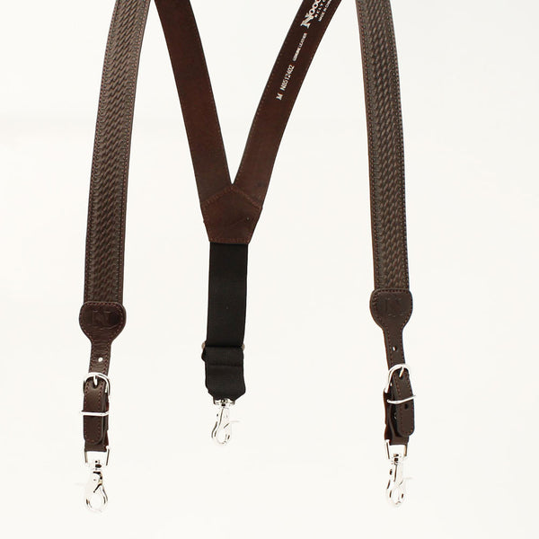 N8512402 Nocona Brown Gallus Leather Suspenders with Basketweave Tooling