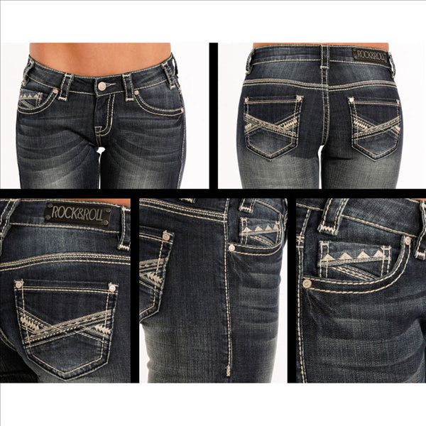 W2-8480 Rock & Roll Cowgirl Juniors Boyfriend Jeans Aztec Multi-Stitching