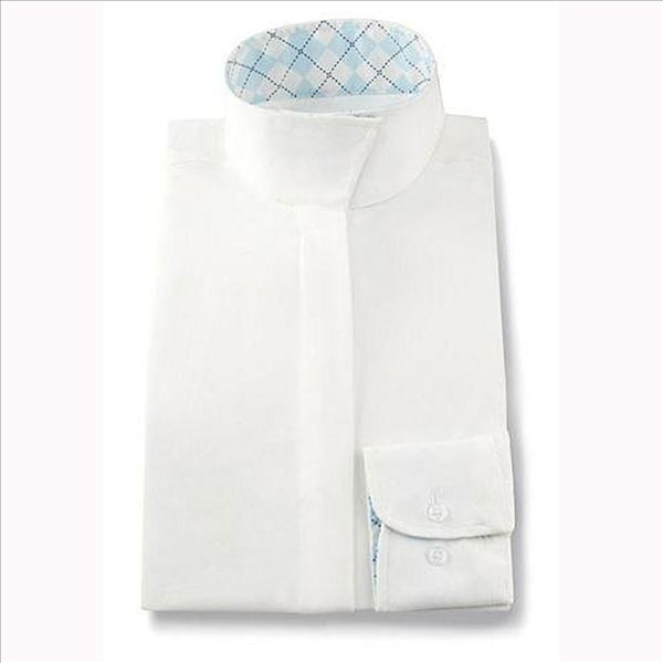L610N Ladies RJ Classics Prestige Collection White Hunt Blouse Blue Argyle Trim Wicking/Stretch