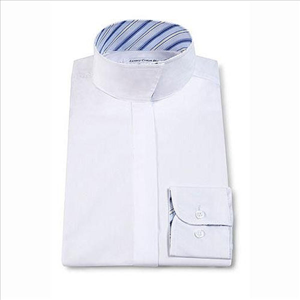 L410D RJ Classics Ladies White Long Sleeve English Show Shirt White with Blue & Yellow Trim