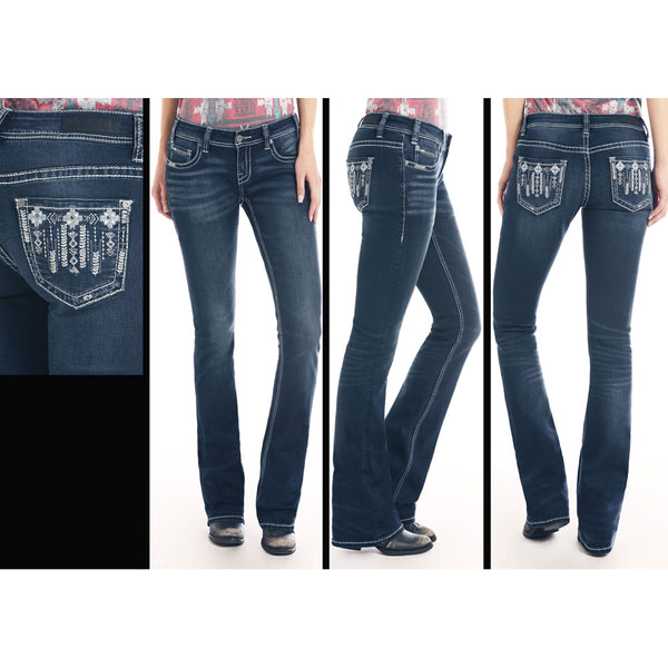 W6-2504 Rock & Roll Denim Juniors Rival Bootcut Jeans Aztec Pocket Stitching