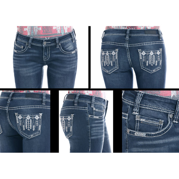W6-2504 Rock & Roll Denim Juniors Rival Bootcut Jeans Aztec Pocket Stitching