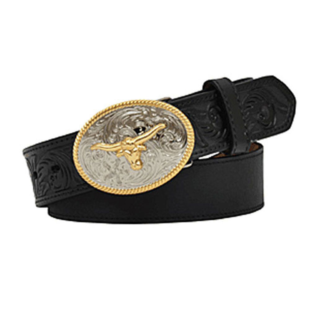 D4204 M&F Boys' Black Distressed Leather Belt with Longhorn Belt Buckle