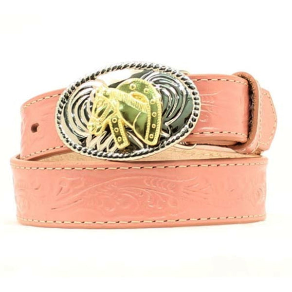 N4410530 Nocona Girls Pink Tooled Belt With Horseshoe Buckle