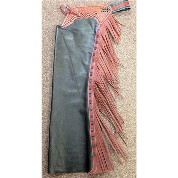 27-84 Shotgun Chaps Black with Brown Fringe Large The Wire Horse