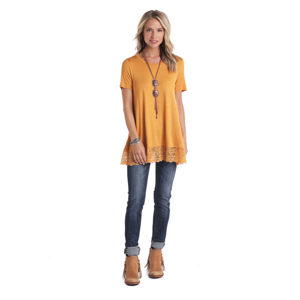 L9T5414 Panhandle Women's Yellow 1/2 Sleeve Tunic Lace Hem