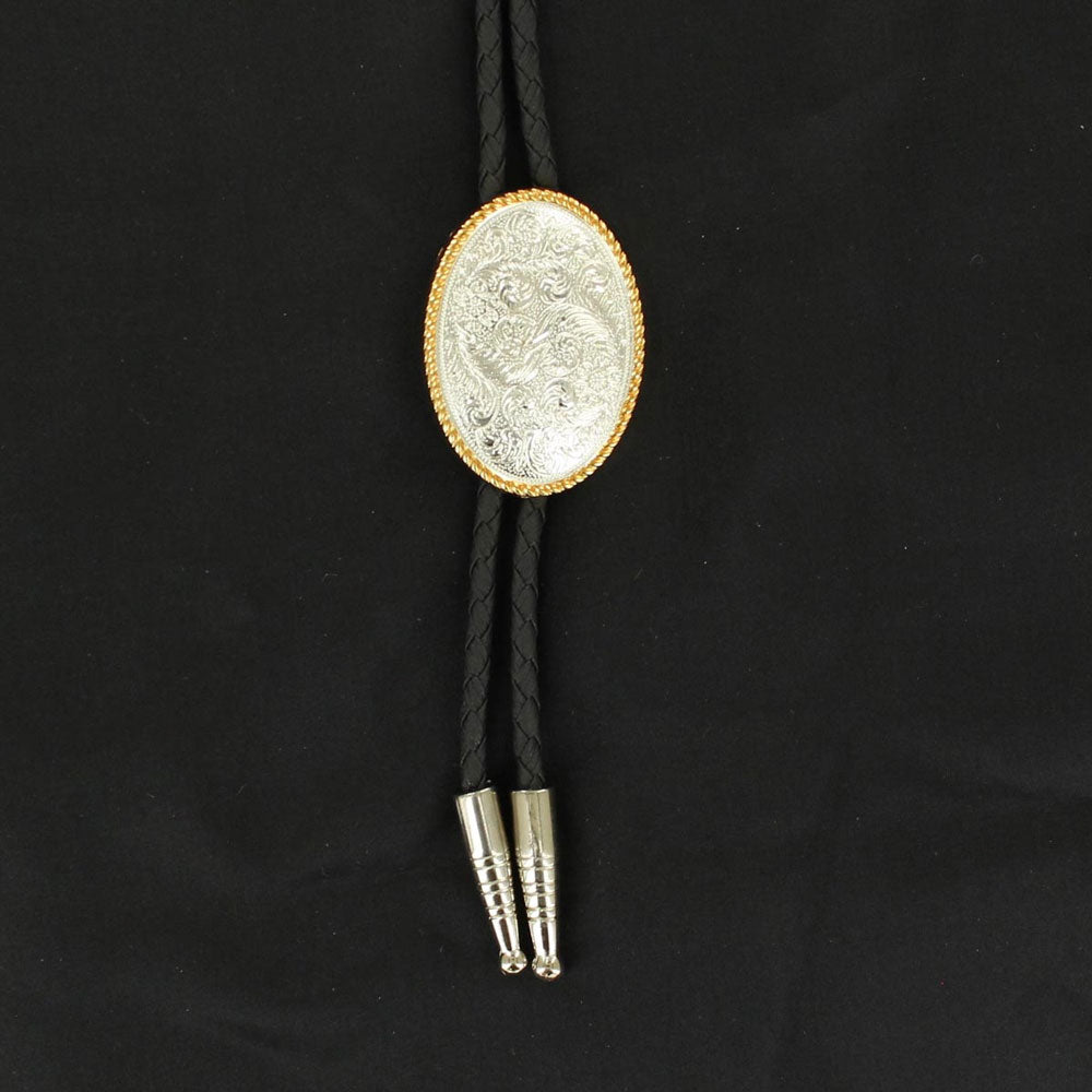 22267 Double S Engraved Silver Concho Bolo Tie