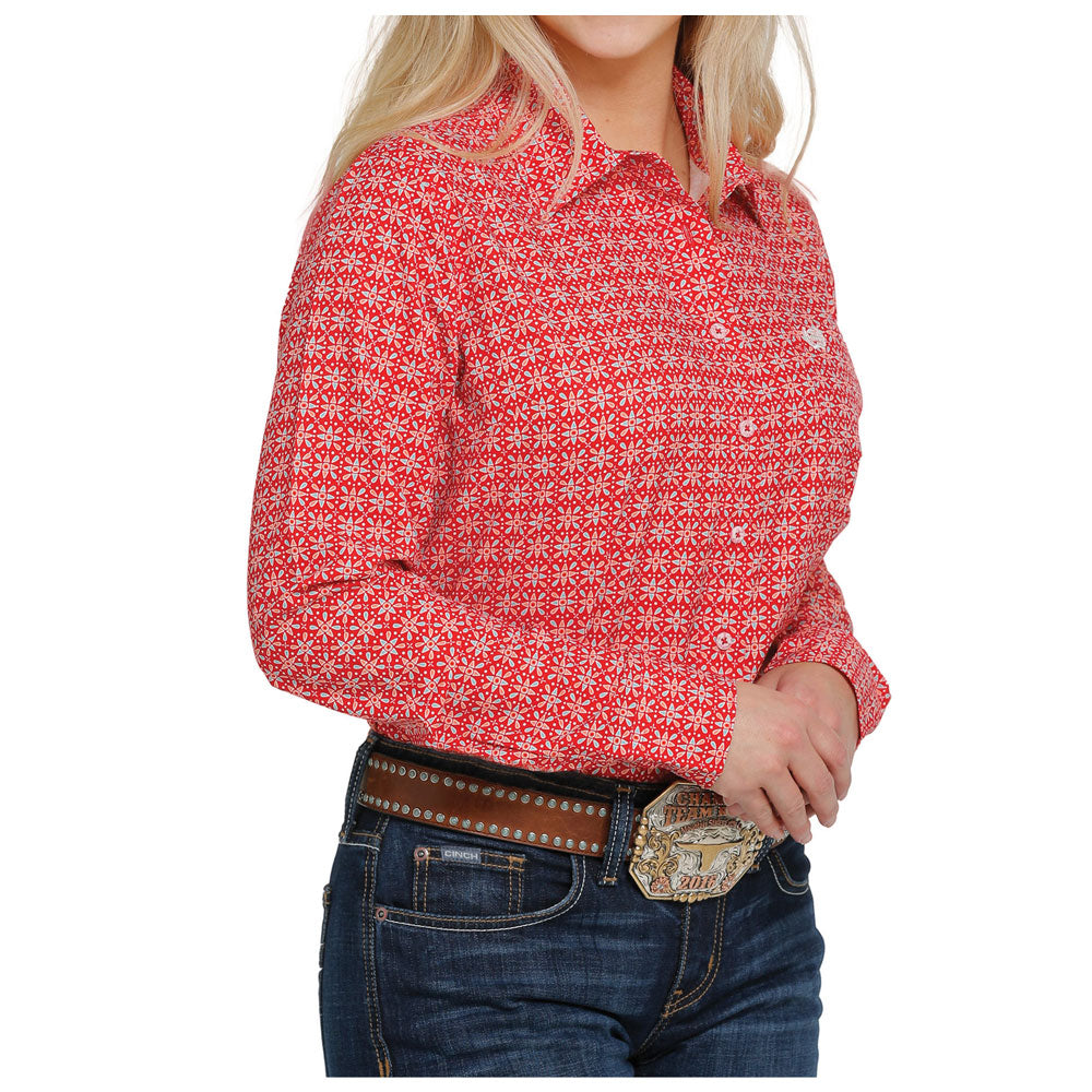 MSW9163008 Cinch Women's ArenaFlex Long Sleeve Button Down Shirt - Red Print